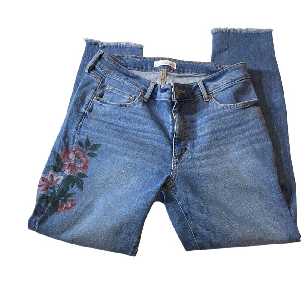 Loft Womens Floral Design Blue Denim Jeans Size 30/10 Curvy Skinny Frayed Hem